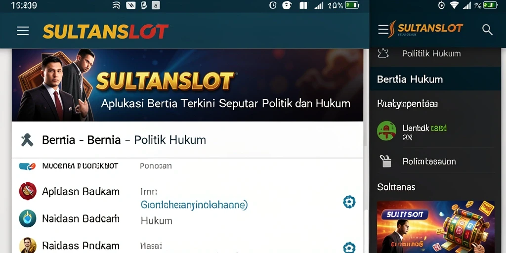 Antarmuka aplikasi SULTANSLOT menampilkan berita hukum dan politik terkini.